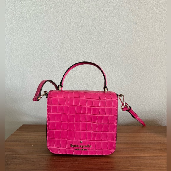 Kate Spade Staci Hot Pink Croc Crossbody - Picture 2 of 6